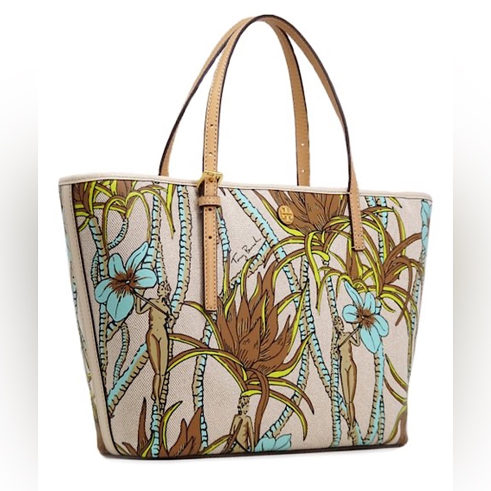 TORY BURCH NATURE CANVAS PRINTED TOTE WOMEN FLOWERS PALMS TURQUOISE BROWN CREAM